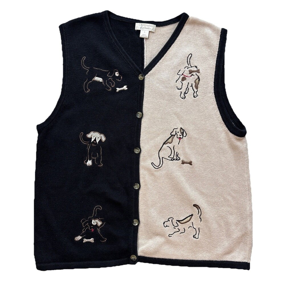 Christopher Banks Dog Lover Vest L Knit Embroidered Y2K